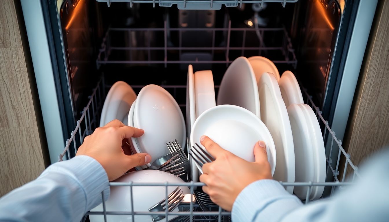 Hands loading an energy-efficient dishwasher with dishes, demonstrating water-saving practices in a modern kitchen.