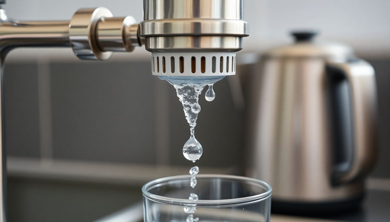 Close-up of a water-saving aerator on a kitchen faucet, producing a gentle stream of water into a glass, highlighting an effective water-saving device.