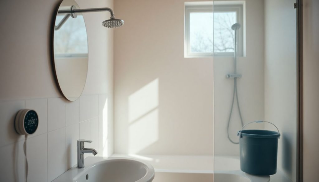 A cozy, well-lit bathroom in a two-person home, showcasing water-saving items like a shower timer and a bucket in the shower.