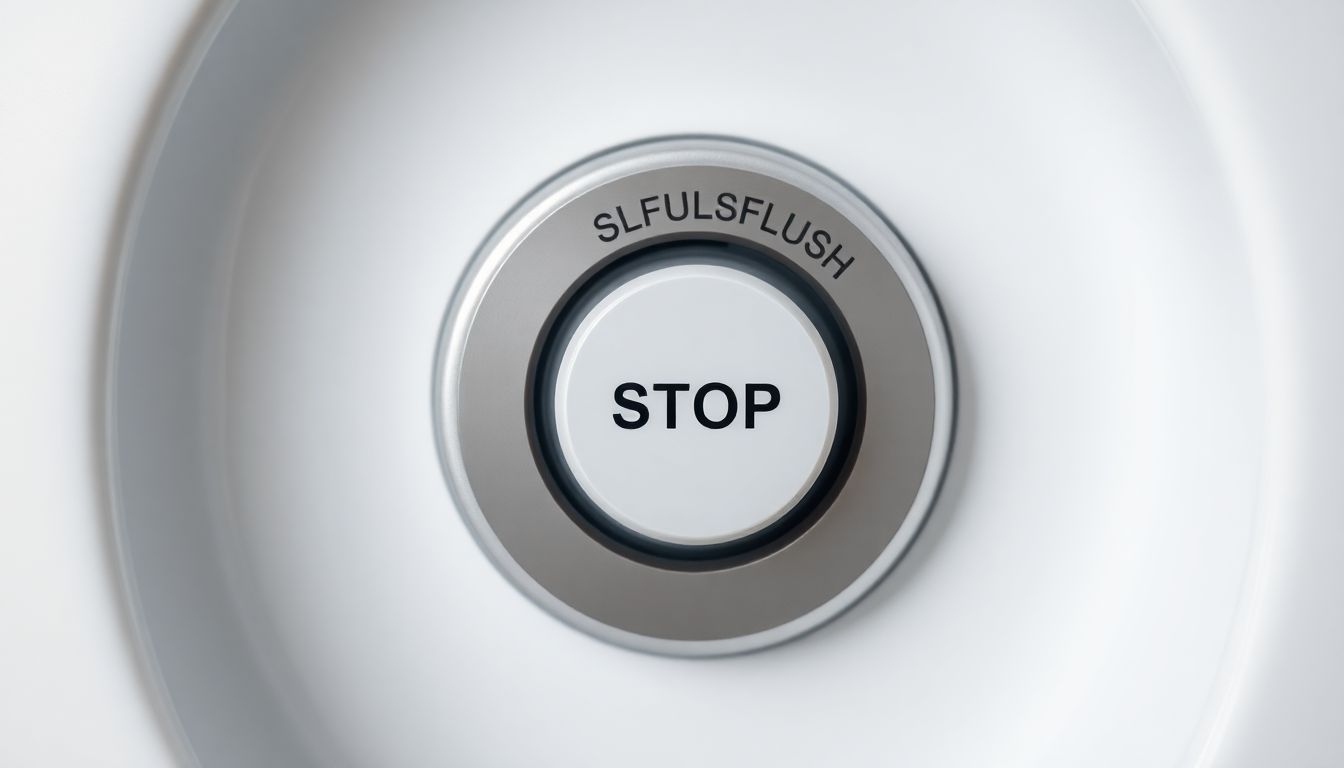 Close-up detail of a water-saving dual-flush or stop-button mechanism on a toilet.