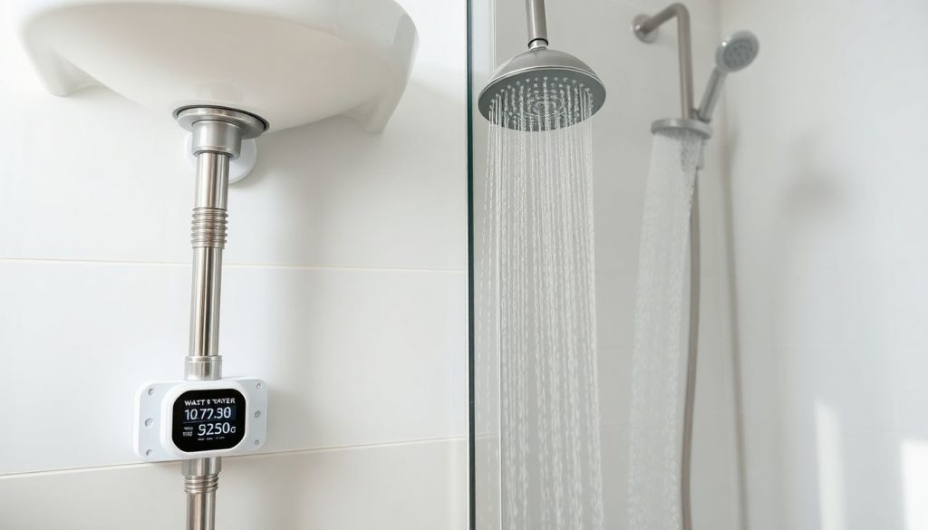 Modern bathroom with smart water controller and digital showerhead, representing water-saving in a two-person household.