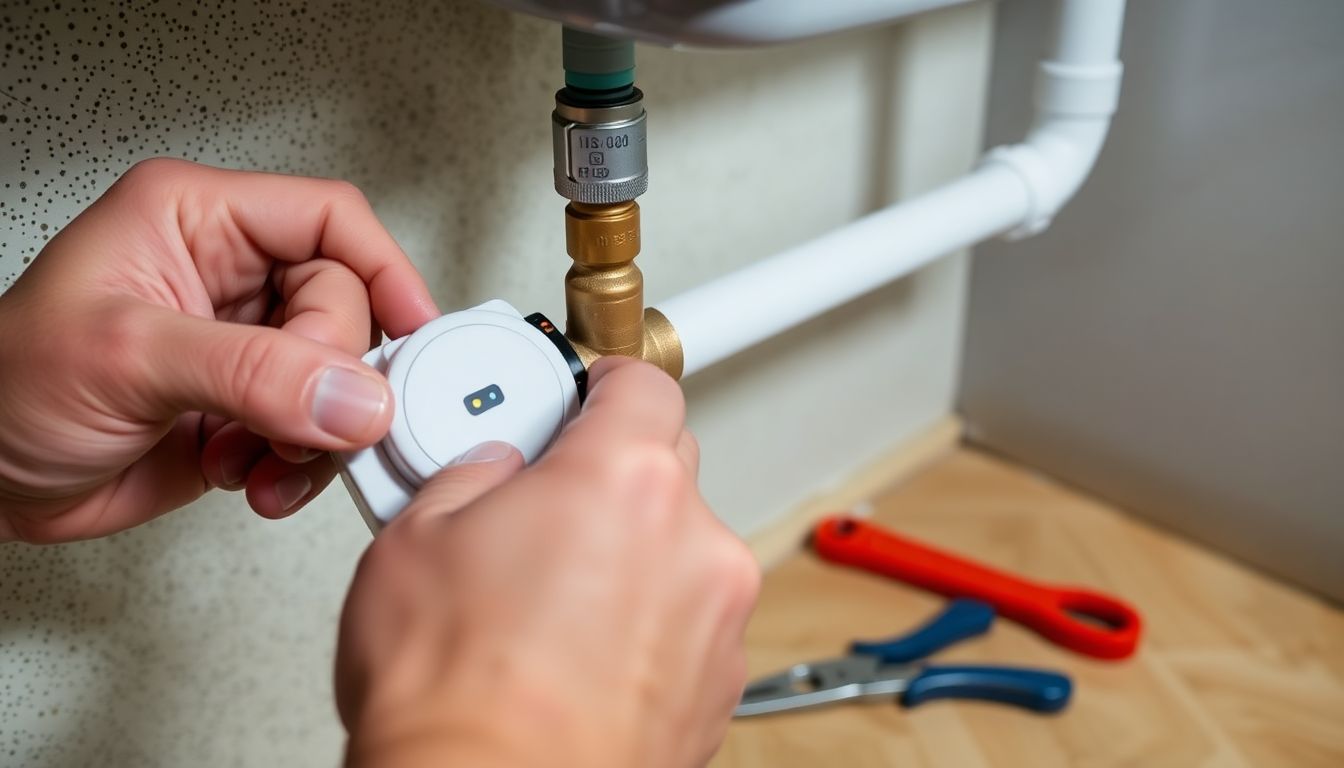 Hands installing a smart water controller sensor onto a home's main water supply pipe.