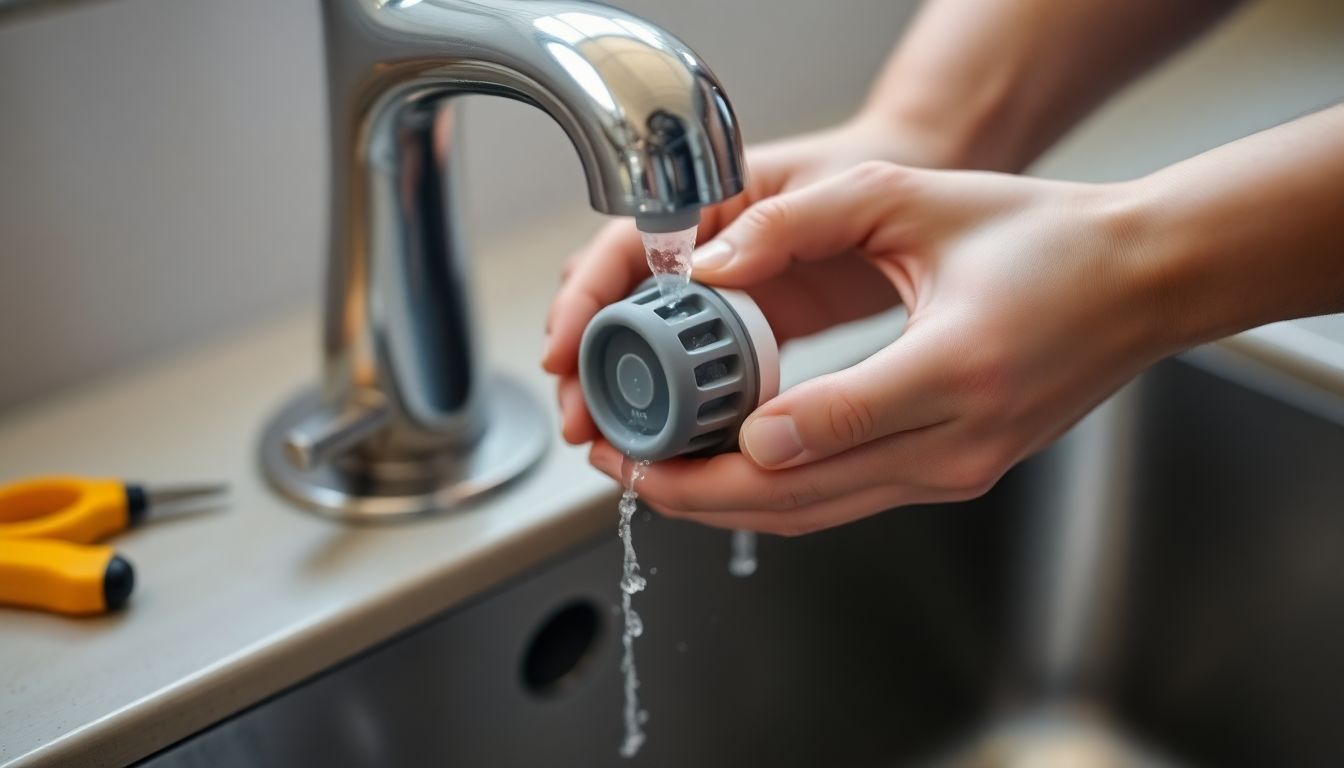 Hands installing a water-saving aerator onto a kitchen faucet