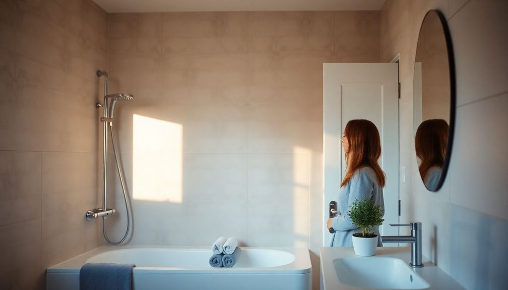 A cozy, well-organized modern bathroom with water-saving fixtures, showing a sustainable home atmosphere