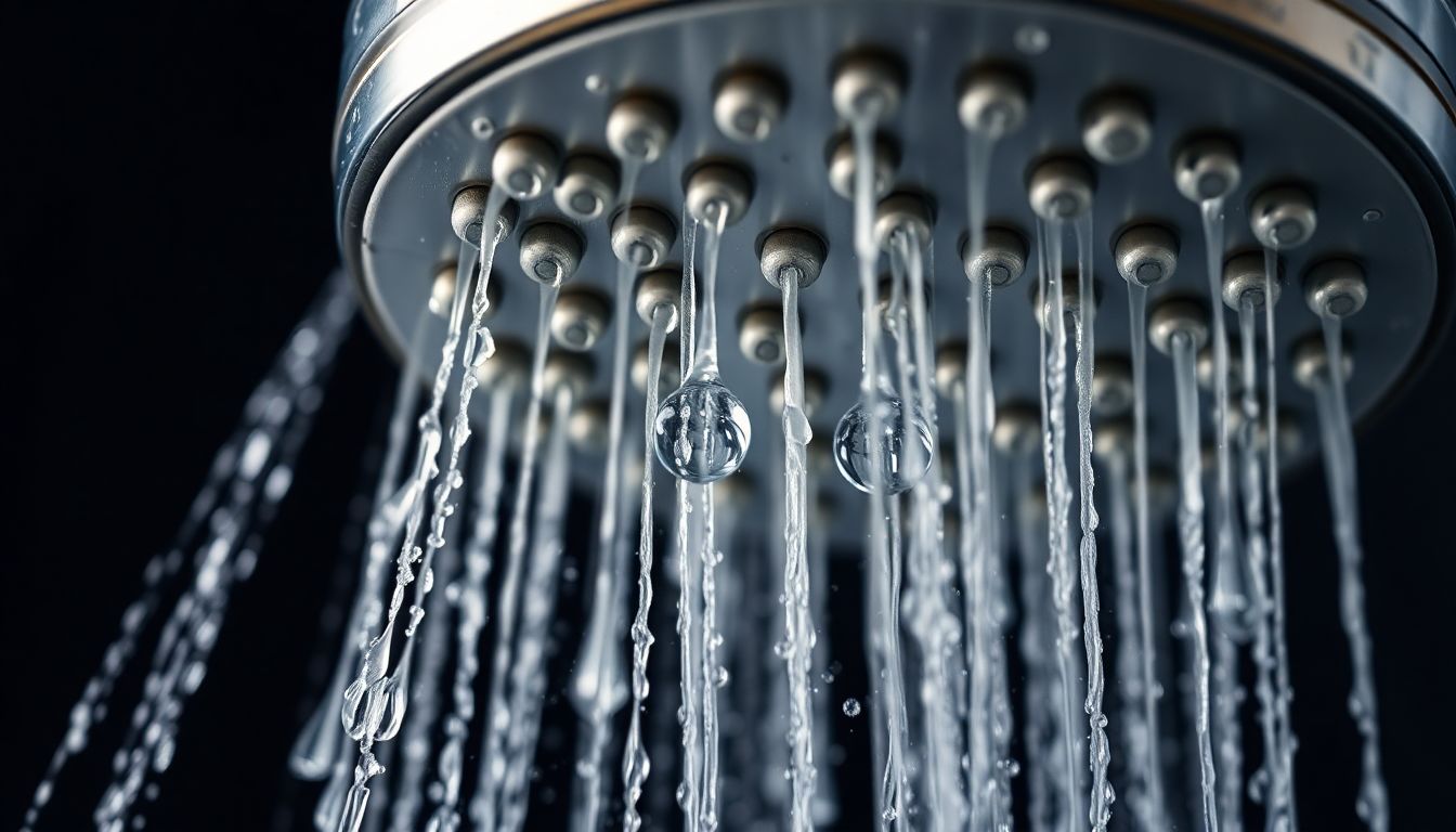 Close-up detail of a water-efficient showerhead with droplets