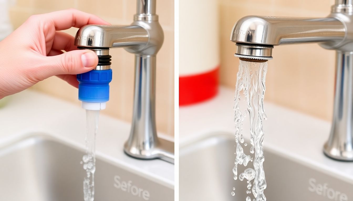 Installing a water-saving aerator on a kitchen faucet to reduce water flow without sacrificing comfort.