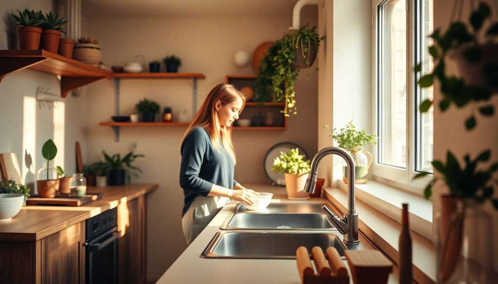 A cozy, sustainable Berlin kitchen with a couple engaged in water-saving practices at the sink.