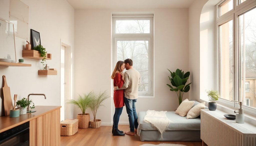A couple in their cozy Berlin apartment discussing water conservation