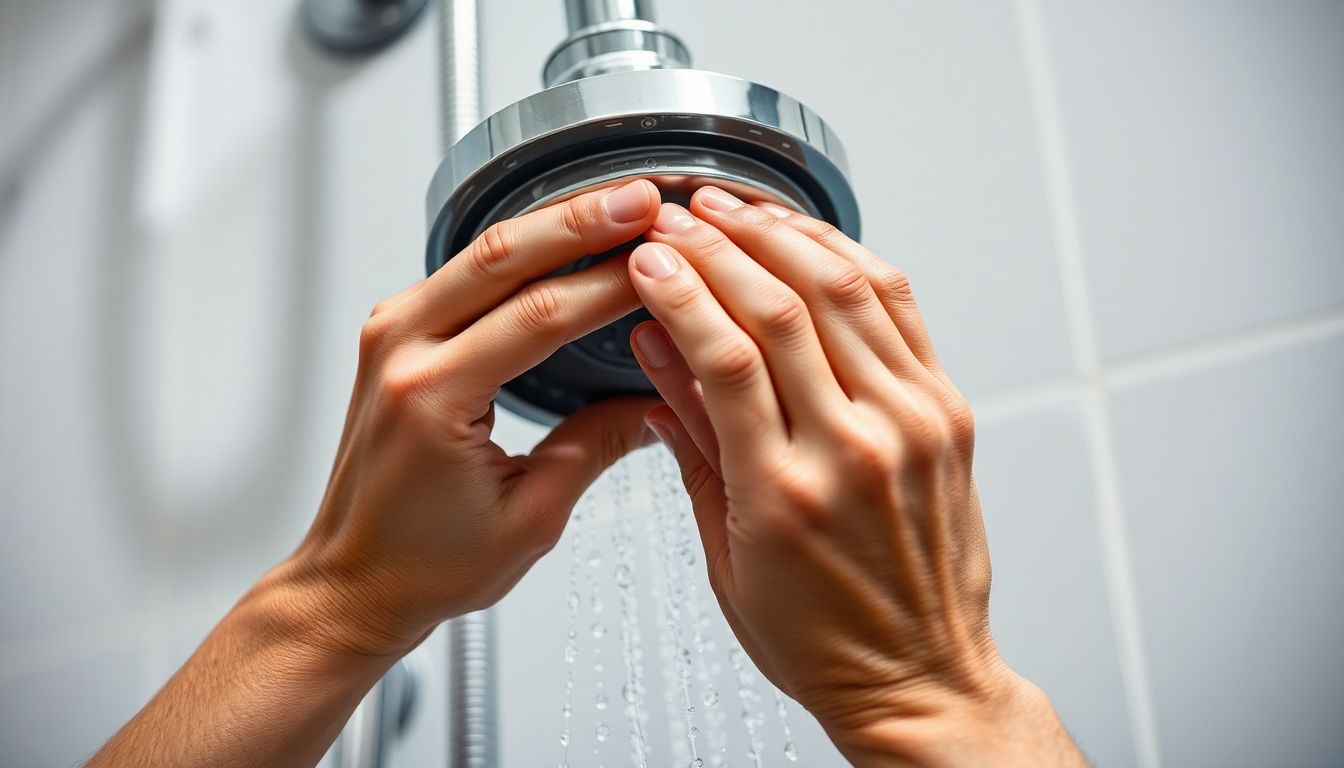 Hands installing a water-saving showerhead in a bathroom