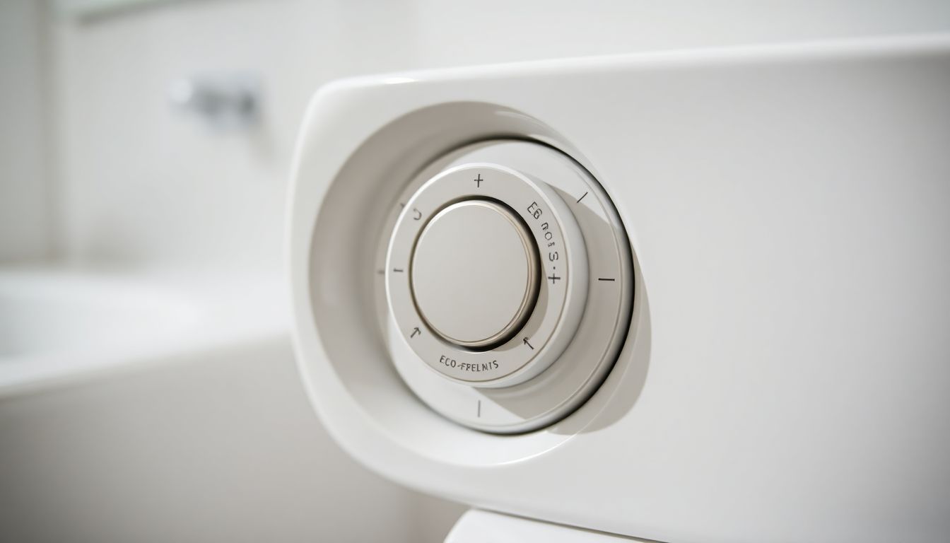 Close-up of a water-saving dual-flush toilet button