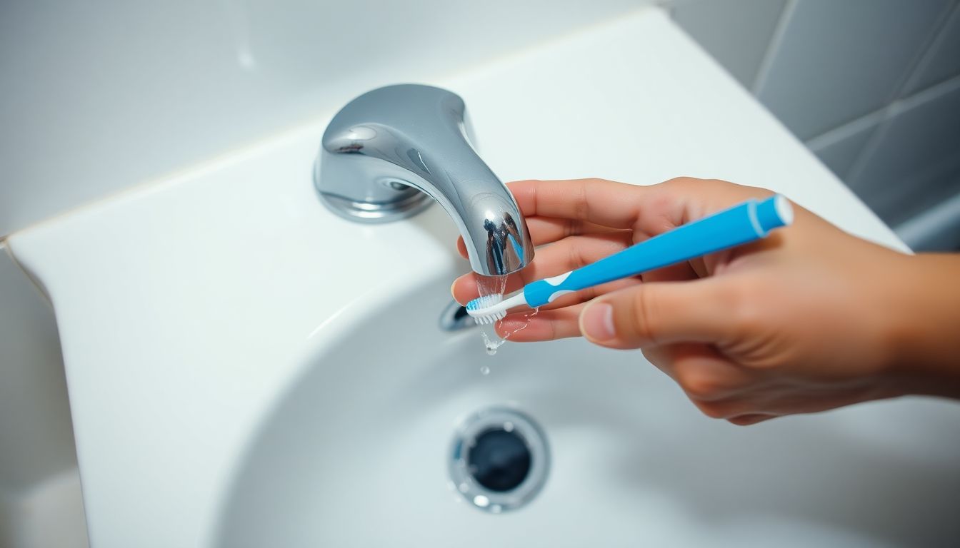 A person's hands turning off the tap while holding a toothbrush, demonstrating water-saving during teeth brushing.
