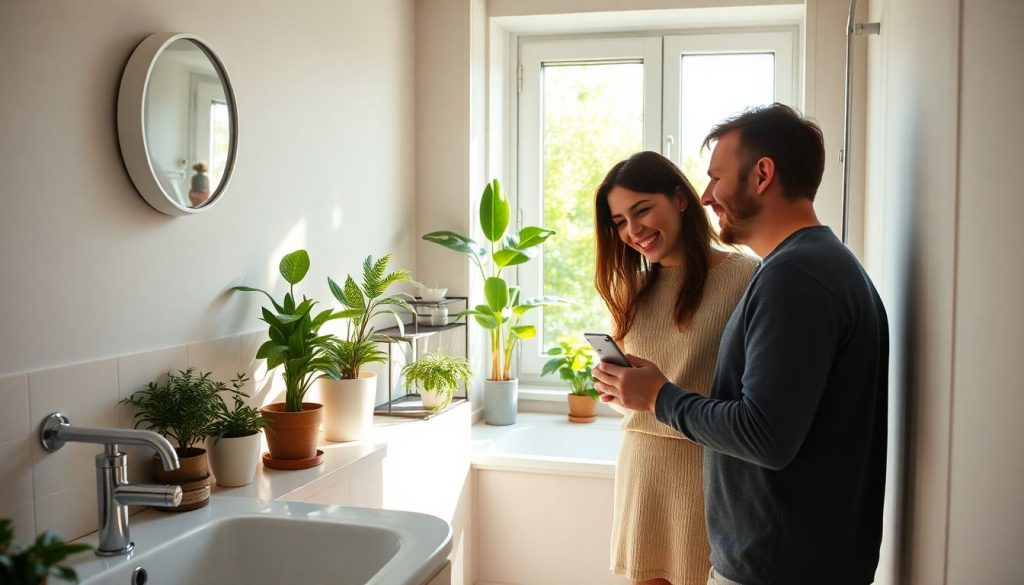 A couple in their Berlin bathroom happily checking their water meter in a sunny, cozy home.