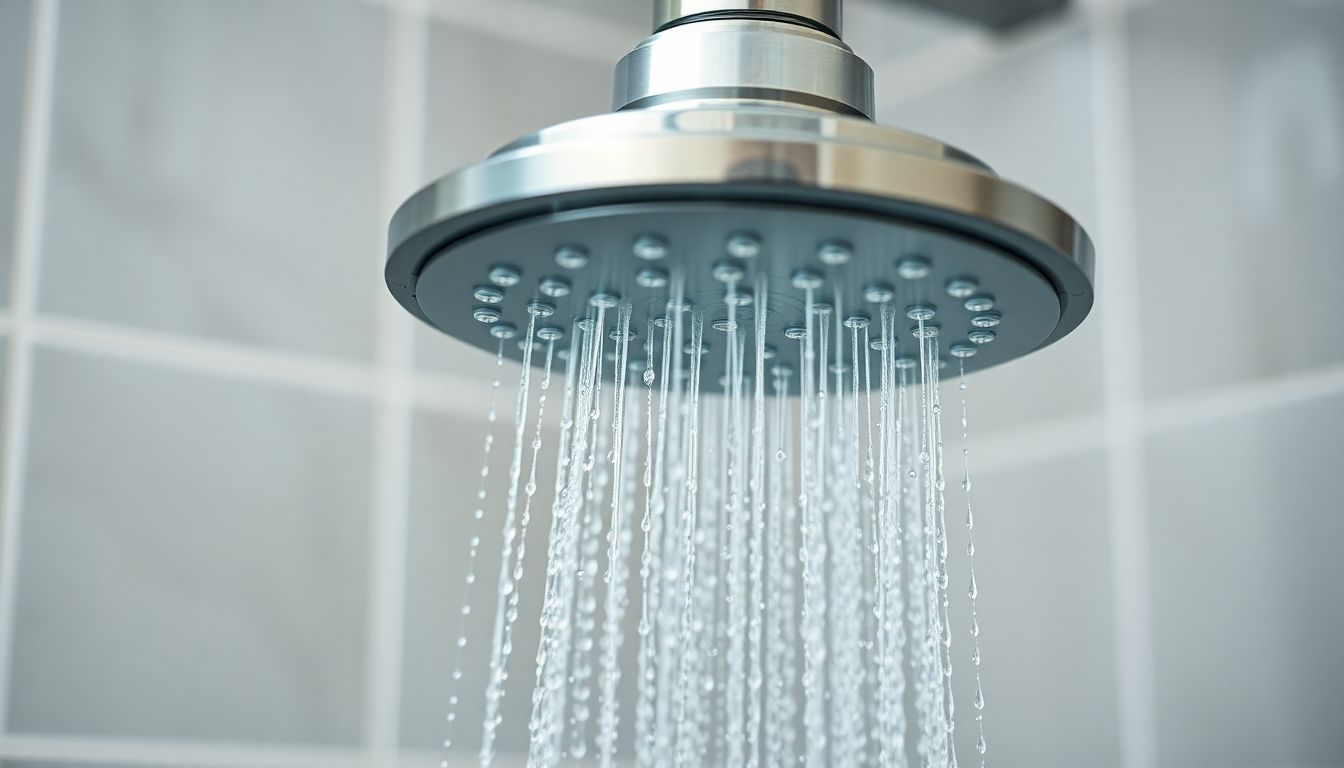 A close-up detail of a water-saving showerhead in use, with a fine spray of water droplets.