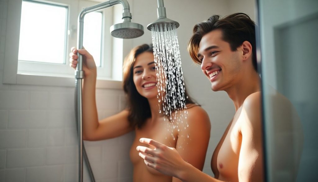 A couple happily installing a new water-saving showerhead in their bathroom.