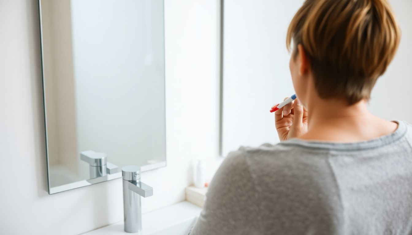 A person brushing their teeth with the water tap turned off, seen from behind in a bathroom mirror.