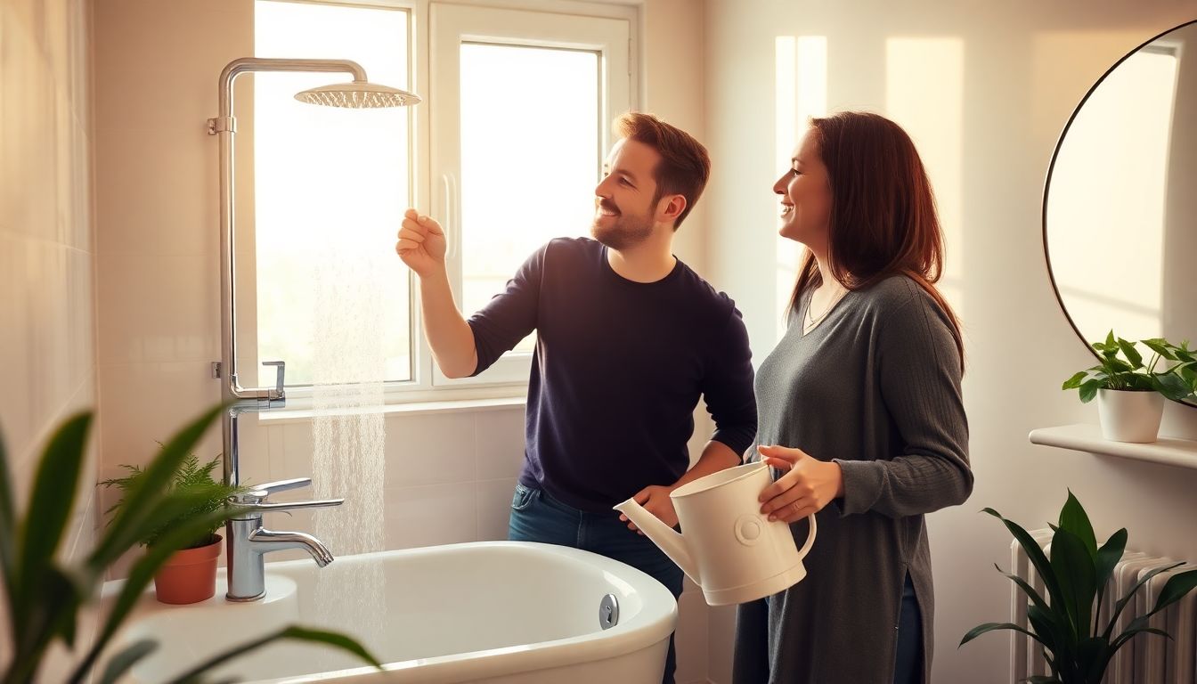 A couple in their Berlin apartment bathroom, smiling while installing a water-saving showerhead in a cozy, sunlit room.