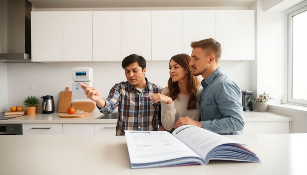 A couple in their kitchen checking their electricity meter and bill, representing the start of their energy-saving journey.