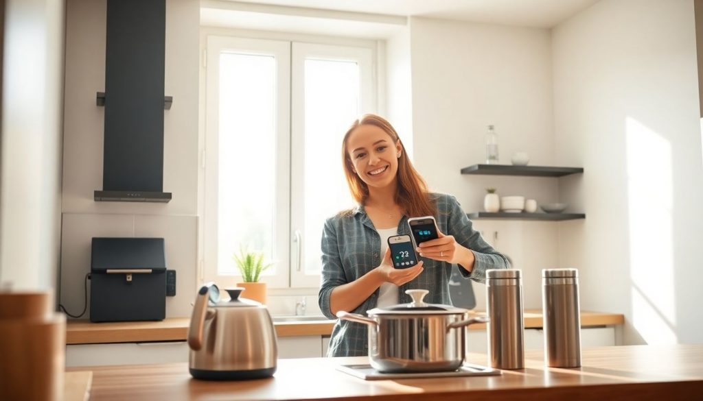 A couple in their modern kitchen, happily reviewing energy savings on a monitor, surrounded by efficient appliances like a kettle and lidded pans.