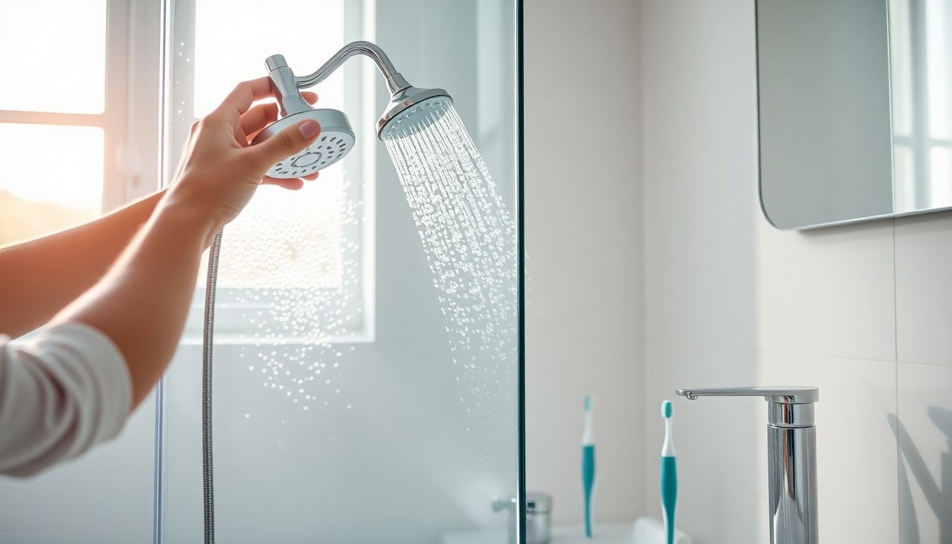 Hands installing a water-saving showerhead in a modern bathroom with a toothbrush and turned-off faucet visible.