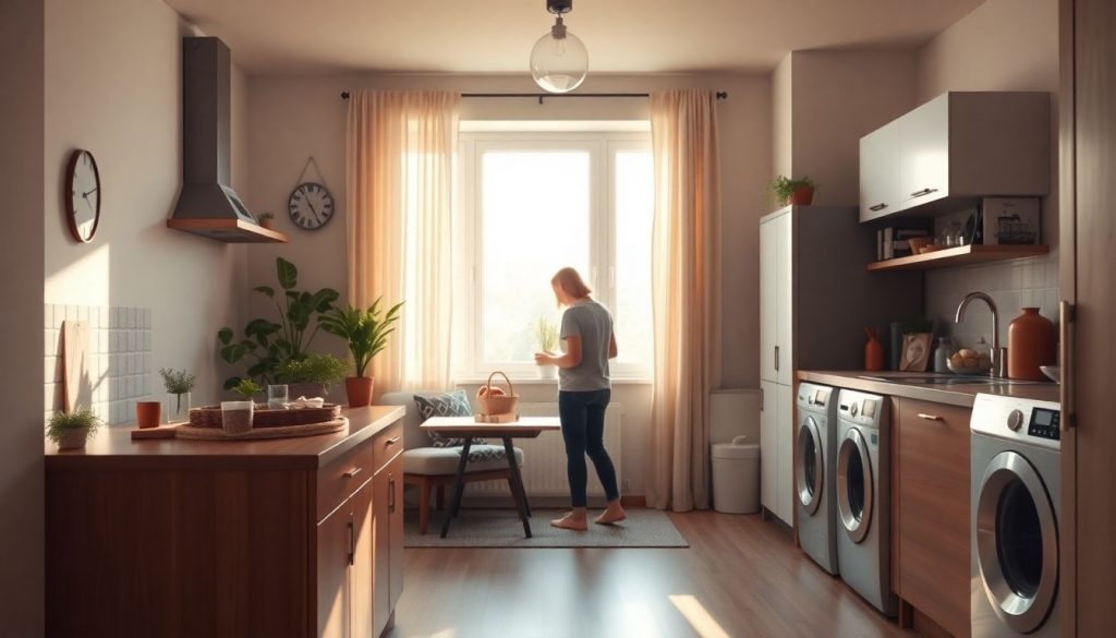 Cozy, sunlit living space in a modern two-person home with energy-efficient appliances visible, emphasizing sustainable living.