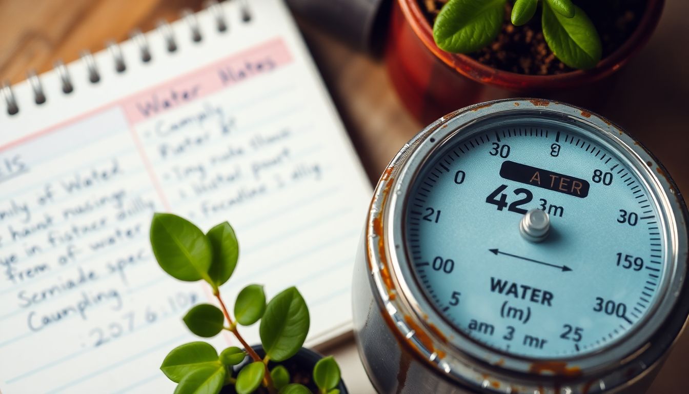 Close-up of a water meter displaying 42 cubic meters, alongside a notepad for tracking usage, highlighting measurement and savings goals.