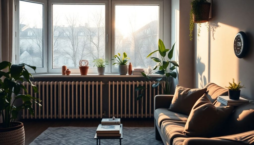 Cozy interior of a Berlin apartment with smart thermostats visible on a radiator, bathed in warm morning light.
