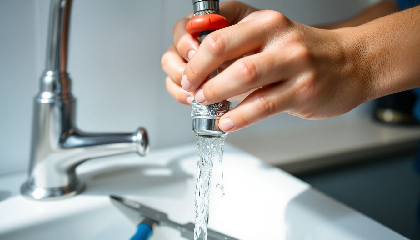 Close-up of hands installing a water-saving faucet aerator, demonstrating a practical water-conservation action.