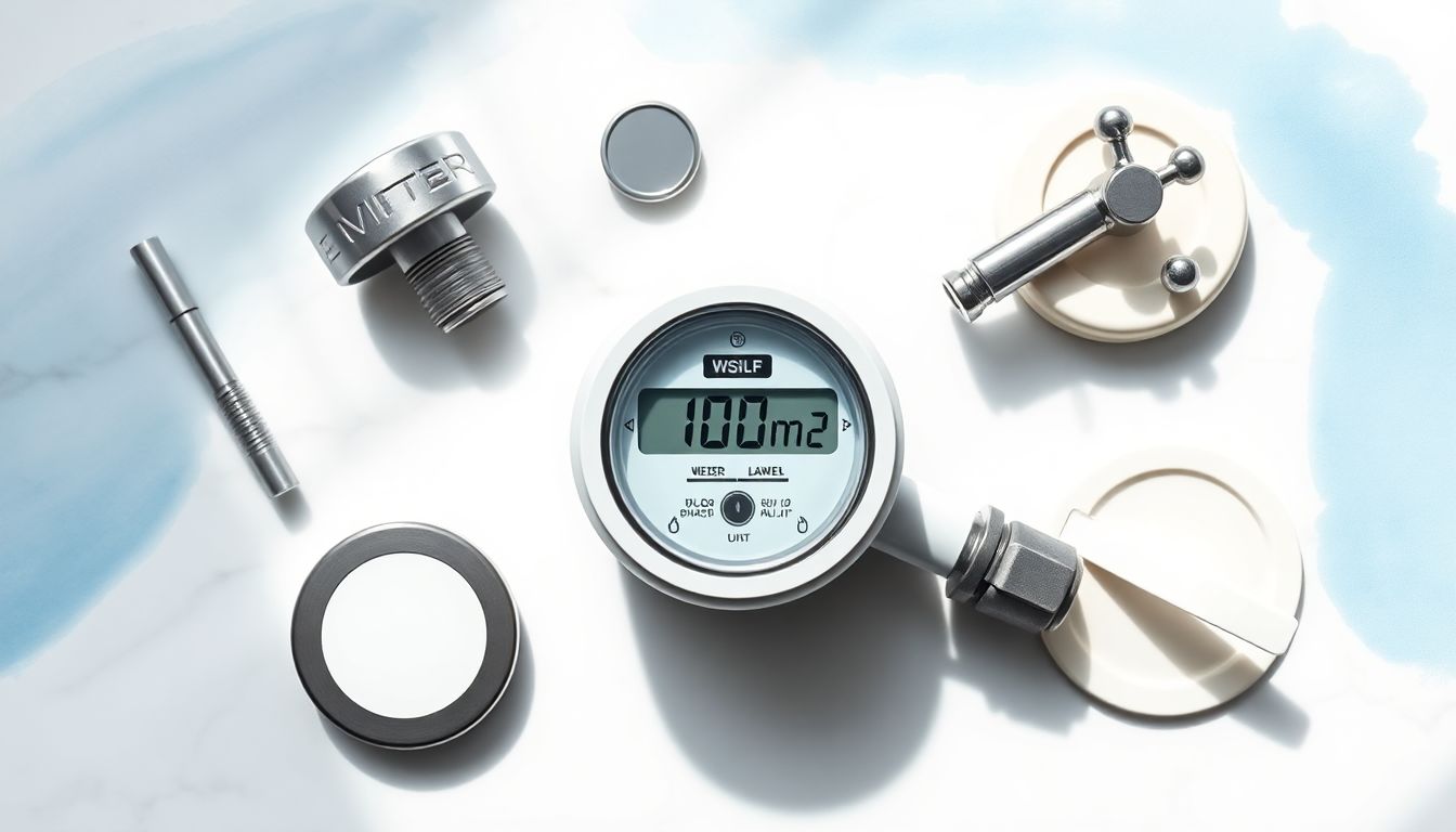A flat-lay of a water meter showing 110 cubic meters, surrounded by water-saving household items like a showerhead and dual-flush button, on a clean white surface.
