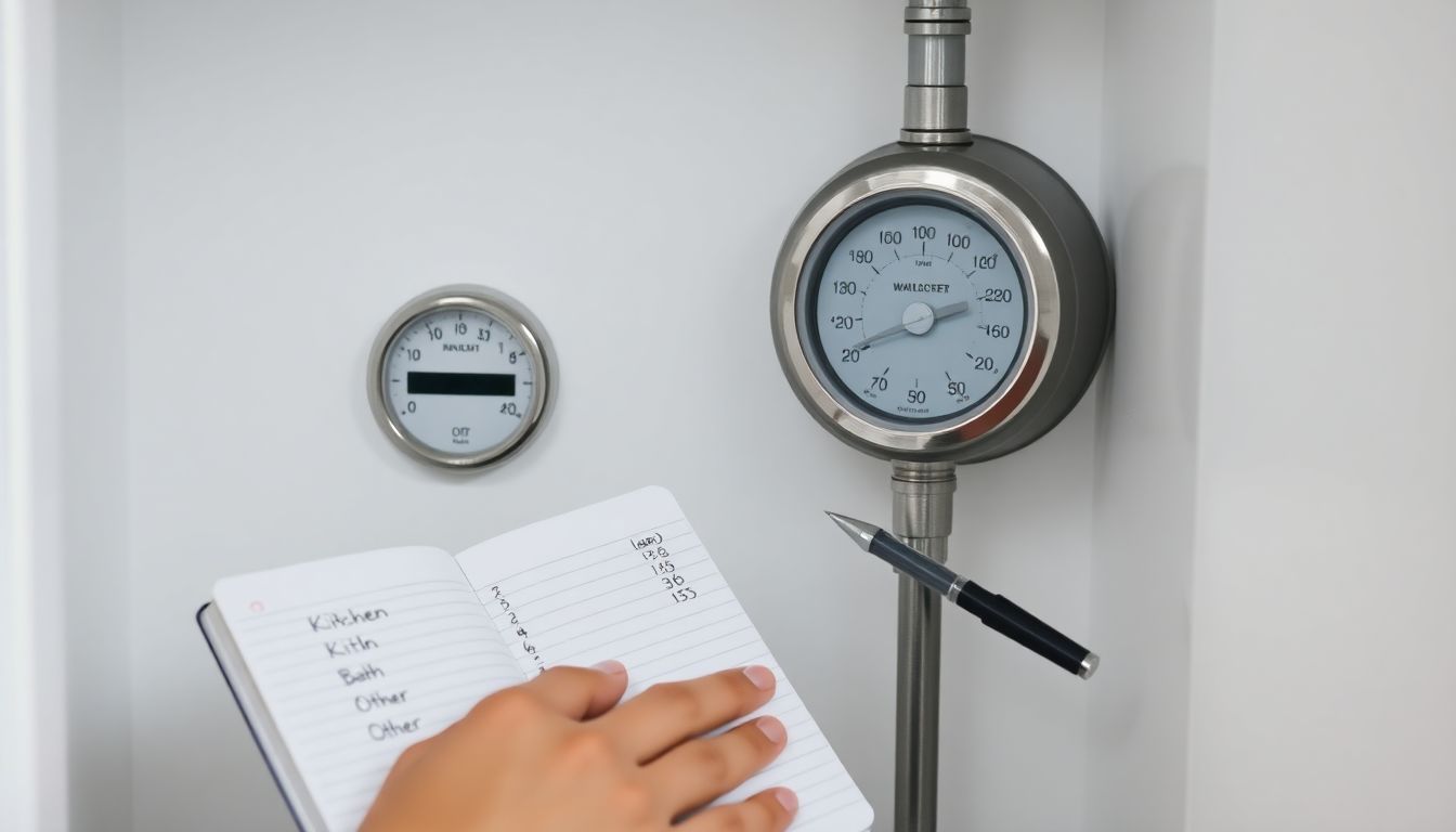 Close-up of hands writing water usage data in a notebook next to a wall-mounted water meter in a home.