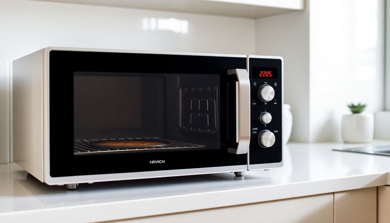 Eine moderne Mikrowelle mit Grillfunktion steht auf einer Küchenarbeitsplatte. Das Gerät zeigt sein Bedienfeld und das Innenleben mit sichtbaren Grill-Elementen.