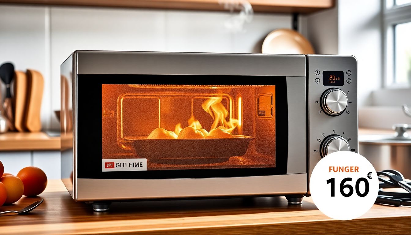 Moderne Mikrowelle mit Grillfunktion in einer hellen Küchenumgebung mit Kochutensilien, aus der Dampf aufsteigt, mit Preisschild unter 150 Euro