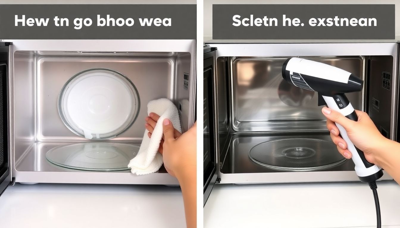 Vergleich der Backpulver-Methode und eines Dampfreinigers zur Reinigung einer Mikrowelle ohne Chemie.