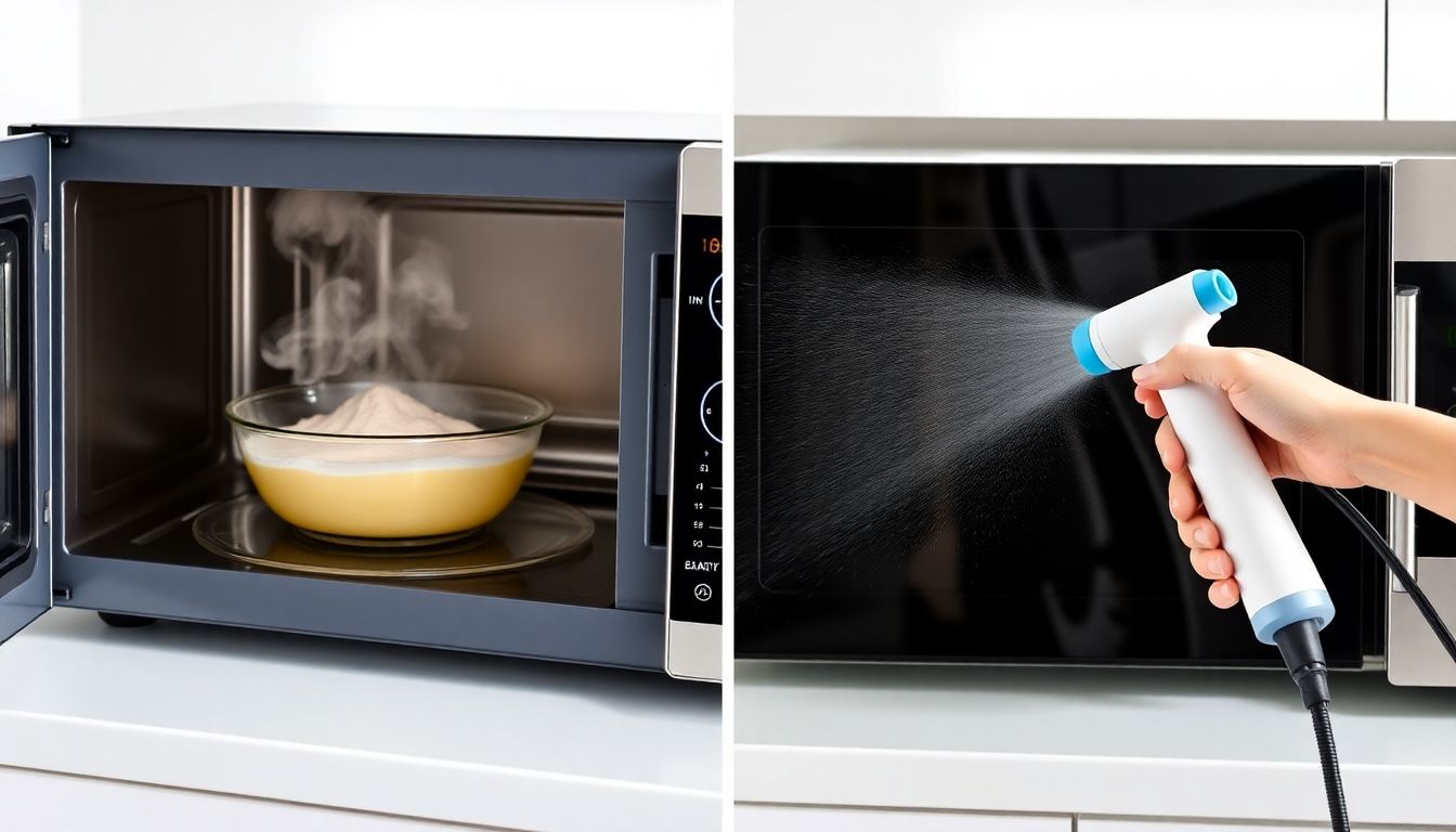 Vergleich zweier Methoden zur Reinigung der Mikrowelle: Backpulver-Lösung und Dampfreiniger im Einsatz.
