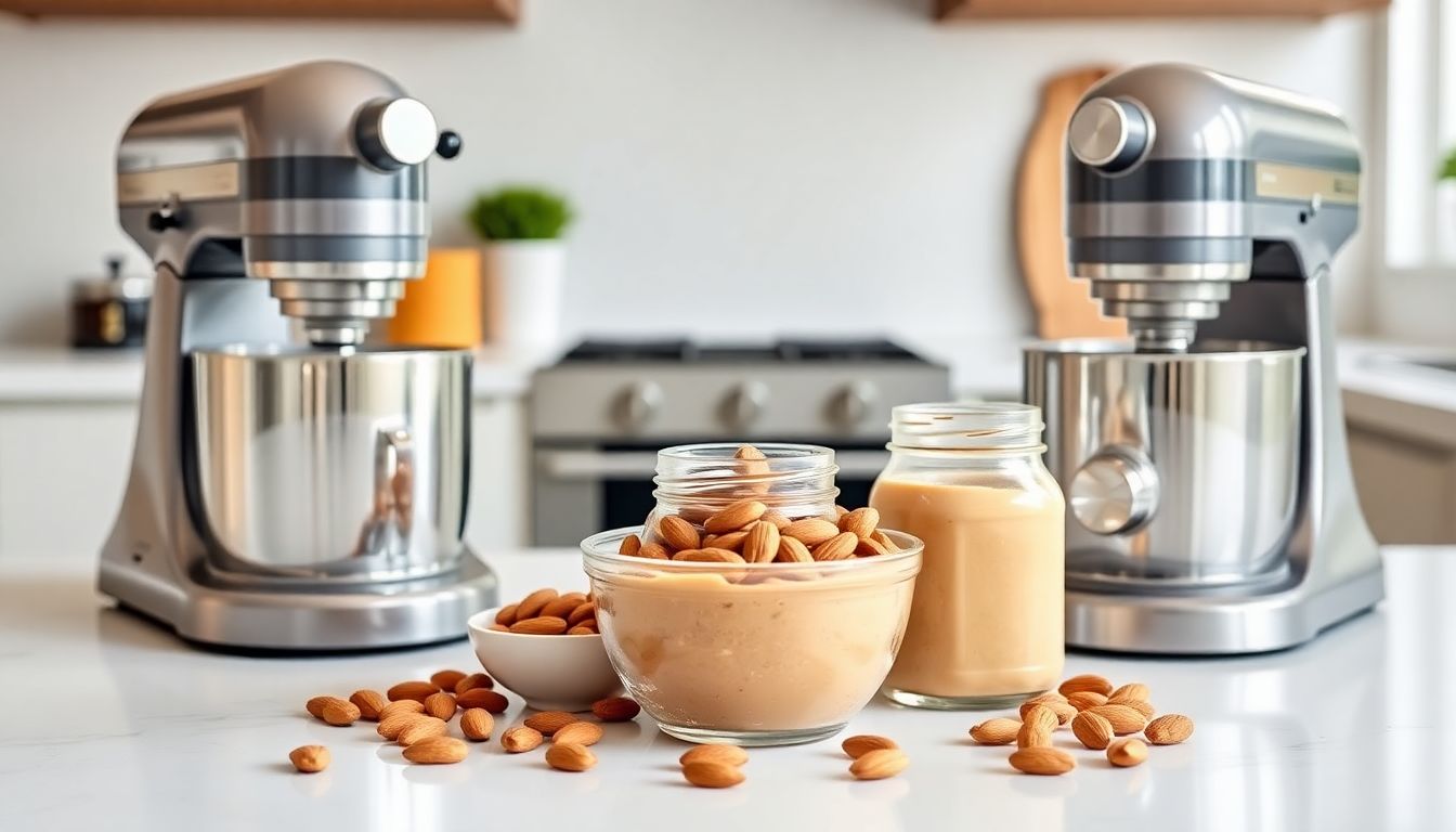 Zwei Mixer für Nussbutter unter 100 Euro, die Mandeln komplett zu cremiger Mandelbutter zerkleinern, auf einer modernen Küchenarbeitsplatte.