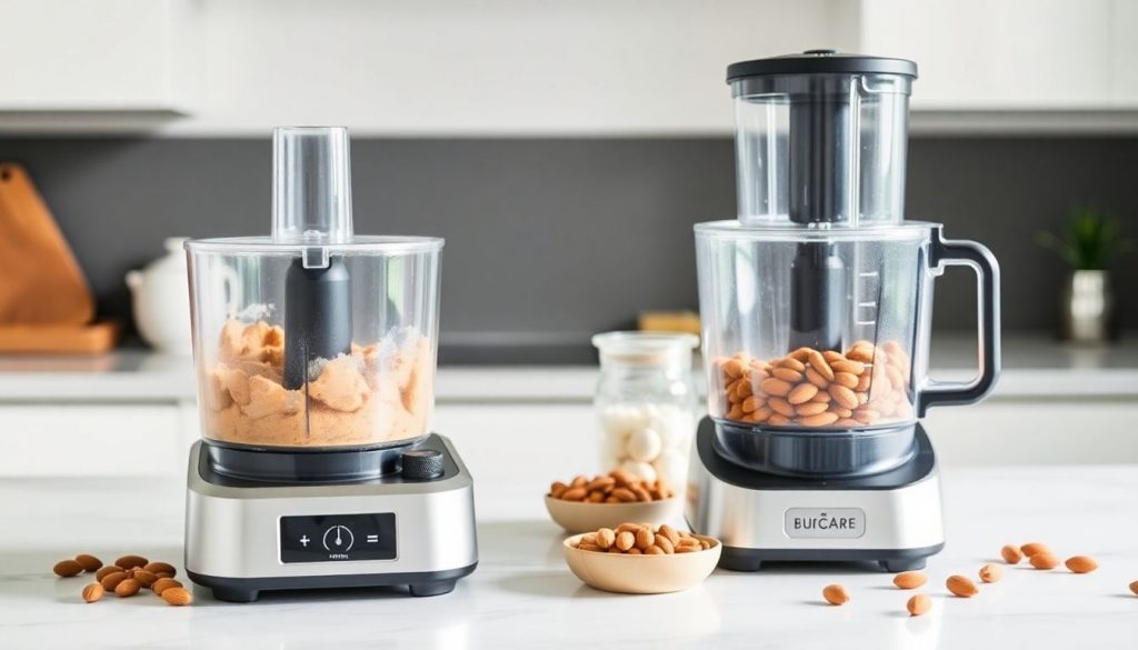 Zwei moderne Mixer für Nussbutter auf einer Küchenarbeitsplatte, die Mandeln zu cremiger Butter verarbeiten.
