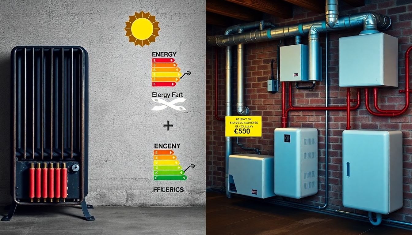 Vergleich alter Nachtspeicheröfen mit modernen Heizsystemen bei der Altbausanierung, mit Fokus auf Kosten und Energieeinsparung.