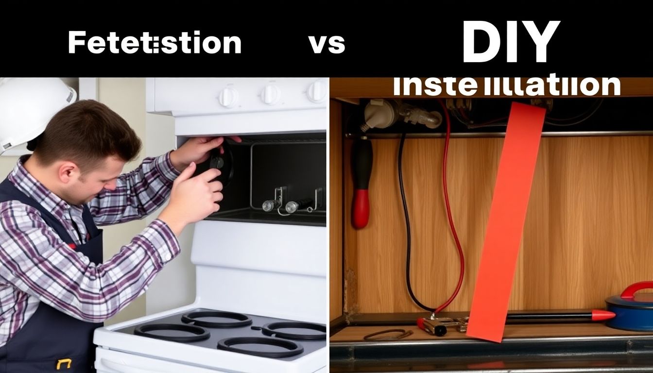 Vergleich: Links ein Fachhandwerker beim sicheren Anschluss eines Herdes, rechts eine riskante Selbstmontage mit sichtbaren Gefahren