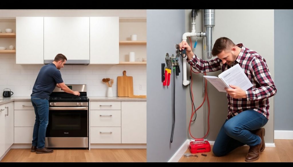 Illustration zur Gegenüberstellung: Handwerker schließt fachmännisch einen neuen Herd an, während ein Laie mit Werkzeug und Anleitung kämpft.