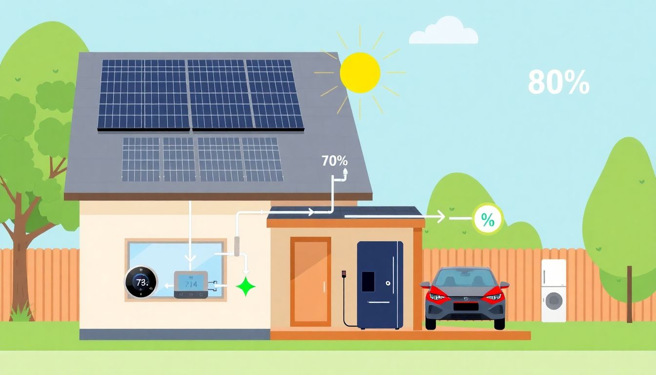 Grafische Darstellung einer PV-Anlage auf einem Hausdach, die mit einem Smart Home System verbunden ist. Energiefluss-Pfeile zeigen, wie der Solarstrom intelligent im Haushalt genutzt wird, um den Eigenverbrauch auf 80% zu erhöhen.