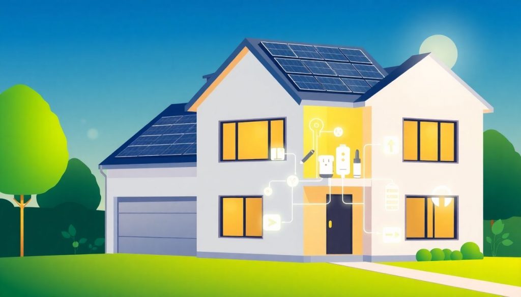 Header-Bild für Artikel: Moderne Hausfassade mit Solarmodellen auf dem Dach und vernetzten Smart-Home-Symbolen im Inneren, die die Steigerung des Eigenverbrauchs auf 80% visualisieren.