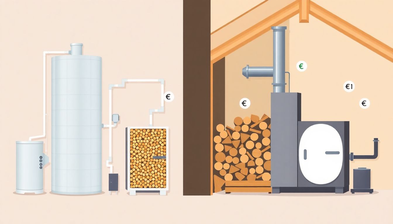 Gegenüberstellung einer Pelletheizung und eines Scheitholzkessels mit Darstellung der Investitions- und Betriebskosten über einen Zeitraum von 15 Jahren.