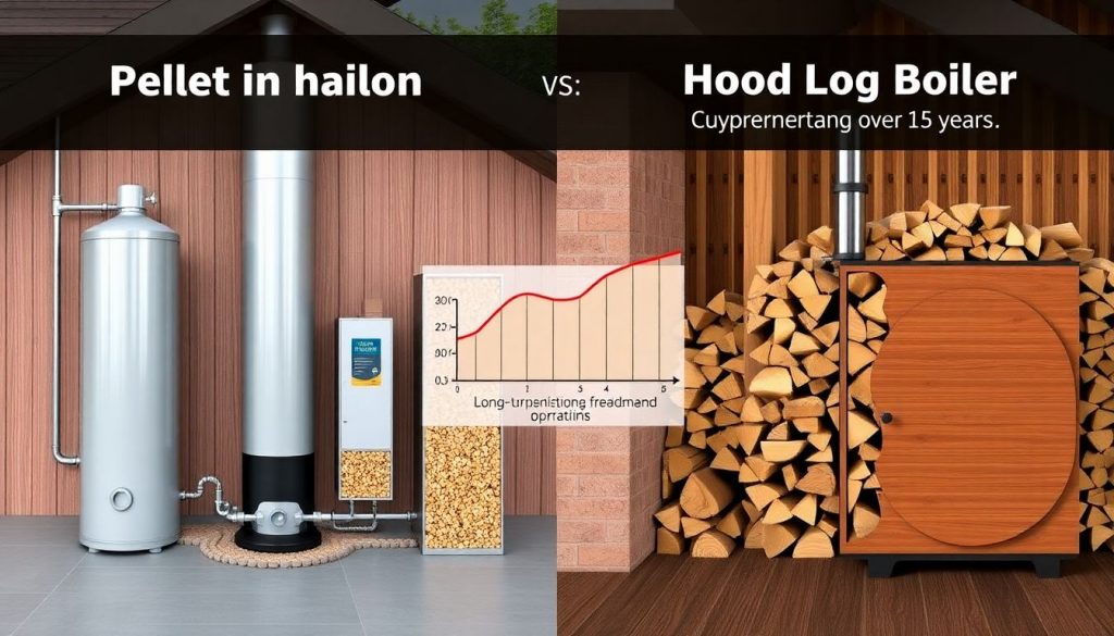 Vergleichsbild Pelletheizung und Scheitholzkessel mit Darstellung von Investitions- und Betriebskosten über 15 Jahre