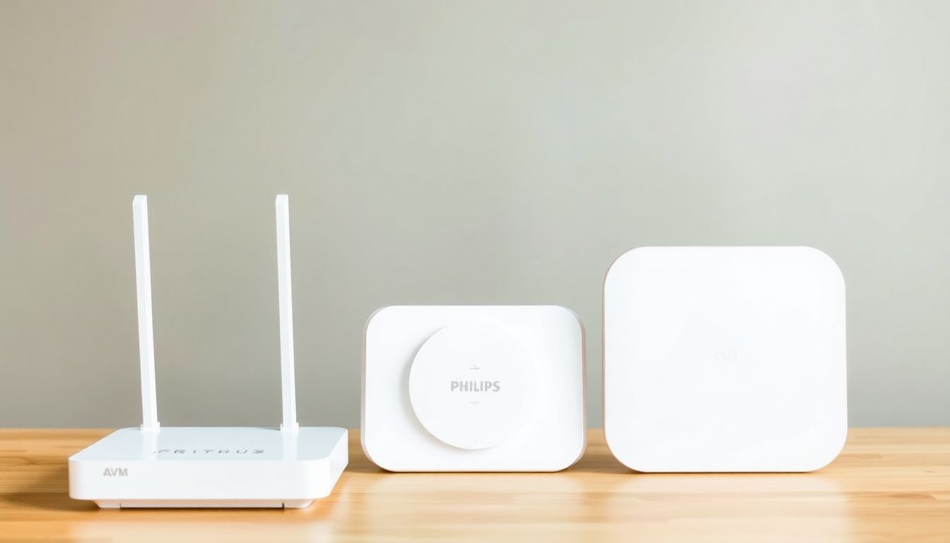 Drei Smart Home Basisstationen im direkten Vergleich nebeneinander auf einem hellen Holztisch: die AVM FRITZ!Box, die Philips Hue Bridge und der IKEA Dirigera Hub.