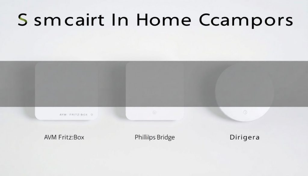 Header-Bild: Drei Smart Home Basisstationen im Vergleich – AVM FRITZ!Box, Philips Hue Bridge und IKEA Dirigera – auf einem hellen Hintergrund.