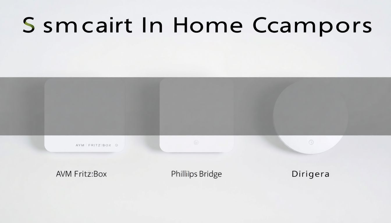 Header-Bild: Drei Smart Home Basisstationen im Vergleich – AVM FRITZ!Box, Philips Hue Bridge und IKEA Dirigera – auf einem hellen Hintergrund.