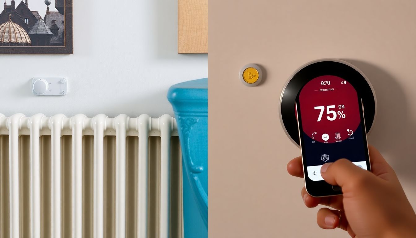 Vergleich: Alte manuelle Heizkörperthermostate neben modernen smarten Thermostaten mit Display. Grafik zeigt mögliche Ersparnis durch Nachrüstung.
