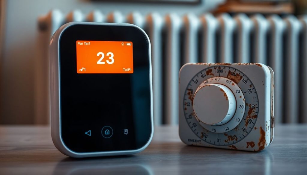 Vergleich eines modernen Smart-Thermostats mit digitaler Anzeige und einem alten, manuellen Heizkörperthermostat vor unscharfem Wohnzimmerhintergrund.