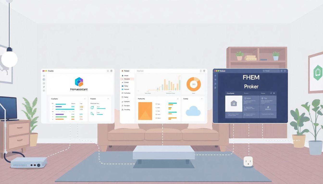 Illustration eines lokalen Smart Homes: Drei Bedienoberflächen (Home Assistant, ioBroker, FHEM) in einem Wohnzimmer, verbunden mit lokalen Geräten über ein Heimnetzwerk, ohne Cloud-Symbole.