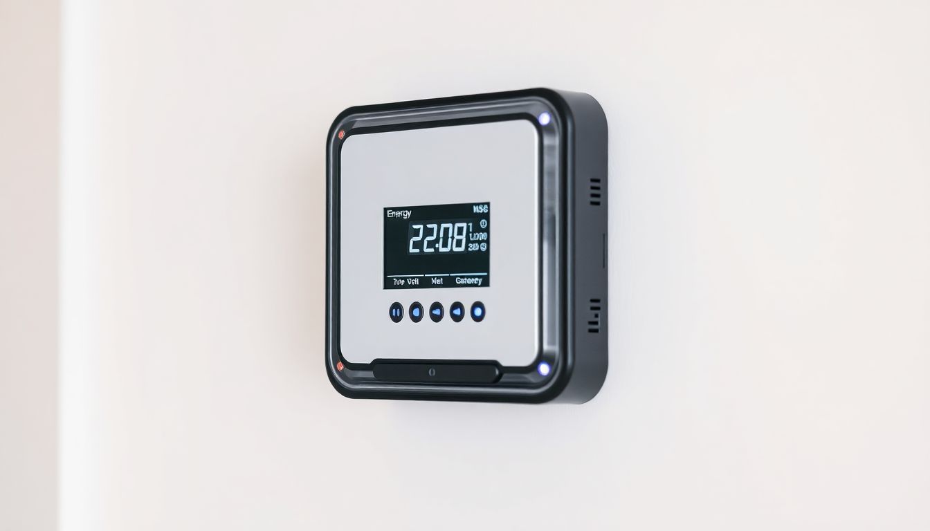Smart Meter Gateway an einer weißen Wand installiert, das digitale Verbrauchsdaten auf einem Display anzeigt.
