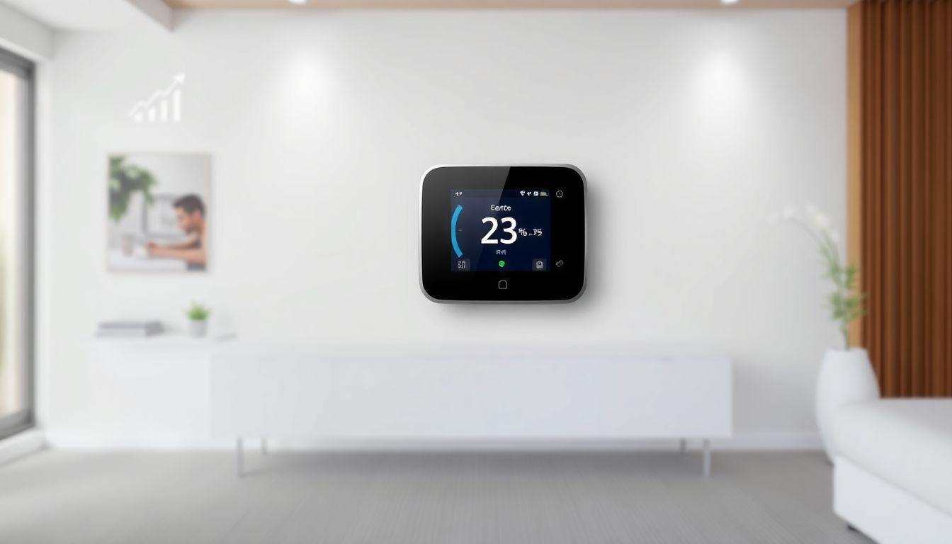 Ein moderner Smart Thermostat für die Fußbodenheizung an einer weißen Wand. Das Display zeigt Temperatur- und Energiedaten an, die Einsparungen visualisieren.